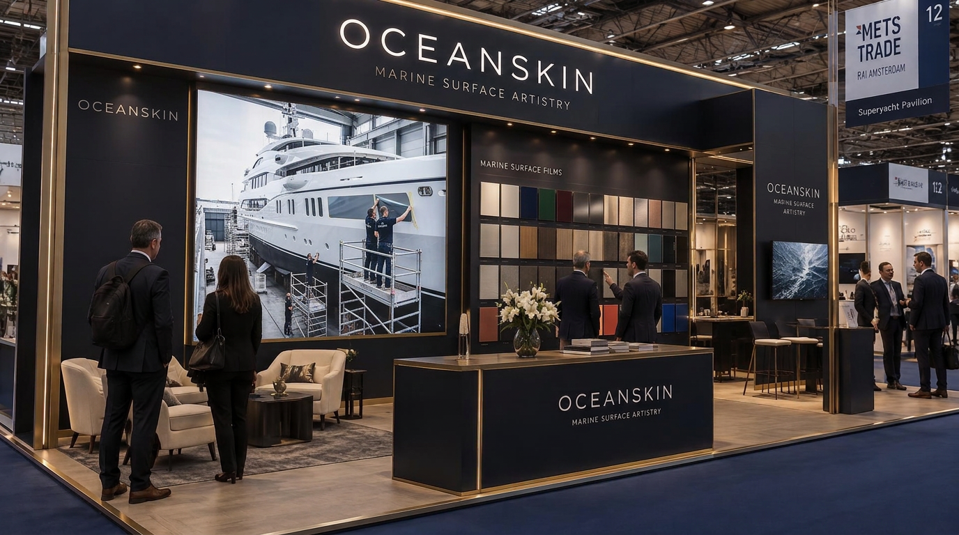 Visualisierung des OCEANSKIN Marine Messestands mit exklusiver Folienmusterwand und Dry-Dock-Projekt – Visualisation générée par IA